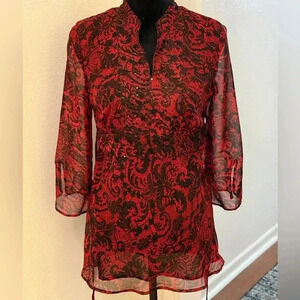 New York City Design Co. Black & Red Paisley Semi See Thru Slit Neck Midi Dress